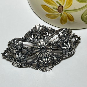 Large Silver Floral Hair Clip: Embossed French Barrette