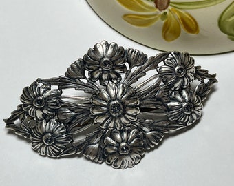 Large Silver Ornate Hair Clip Sterling Plated with Authentic French Hair Barrette Embossed Metal Beautiful Handmade Unique Hair Pin