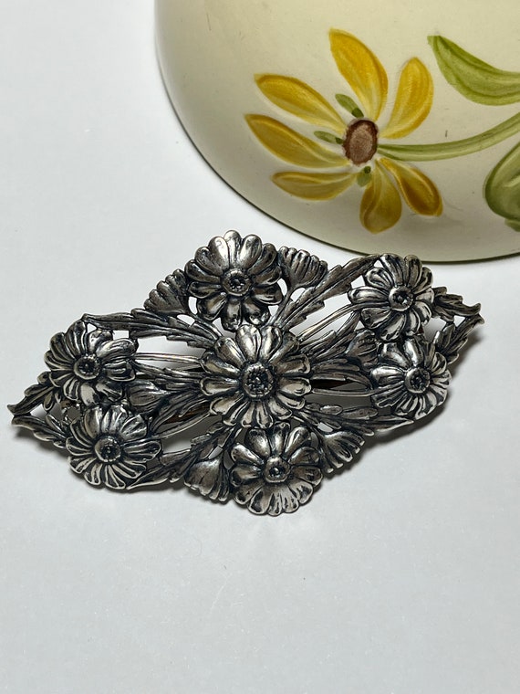 Large Silver Floral Hair Clip: Embossed French Barrette - Etsy display picture 2