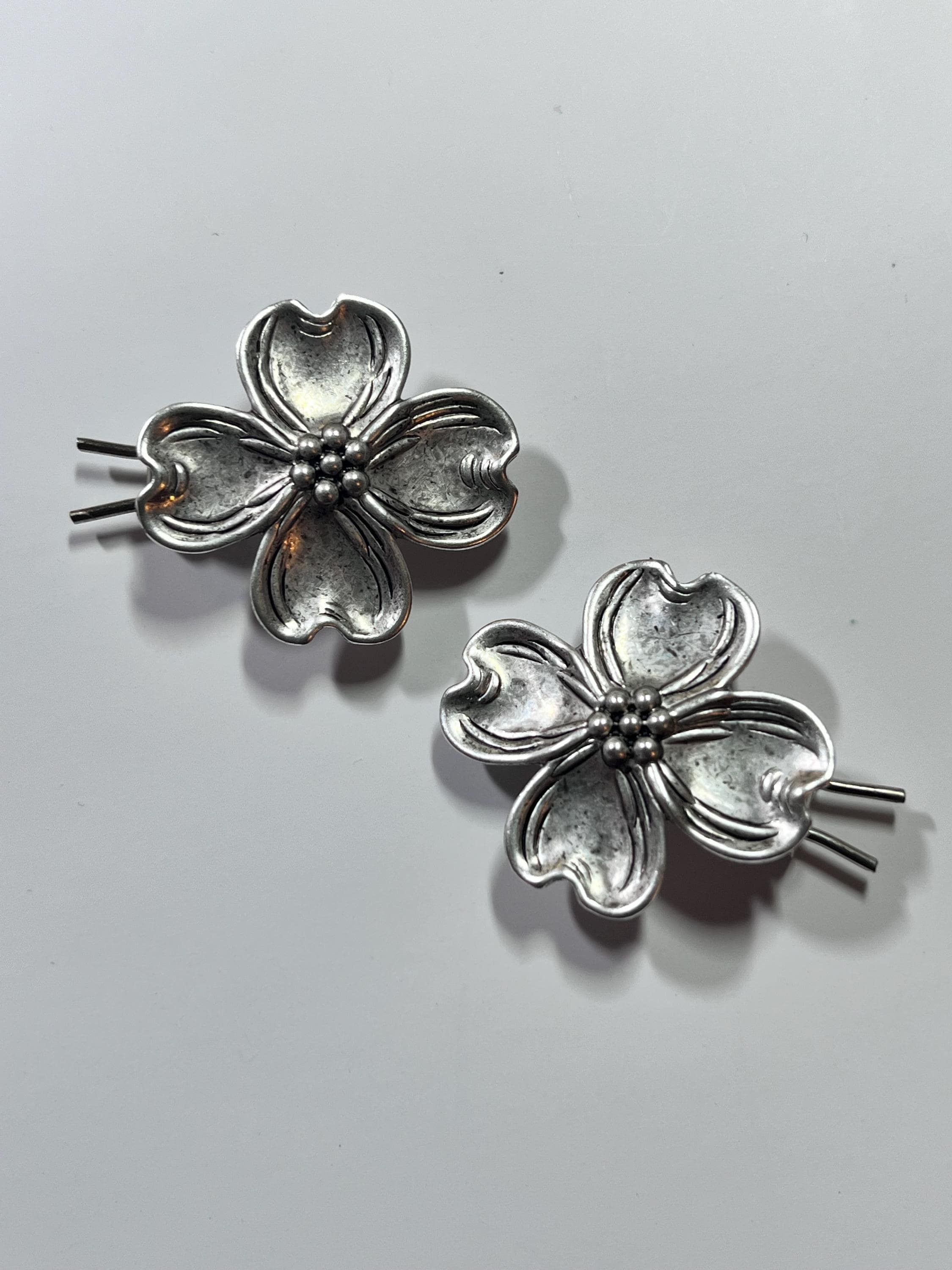 Silver Dogwood Barrettes Silver Metal Vintage Stock Hair Pin North Carolina State Flower Southern Flower