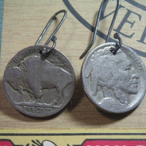 1920s Buffalo Nickel Coin Earrings: Oxidized Sterling Silver Vintage Jewelry