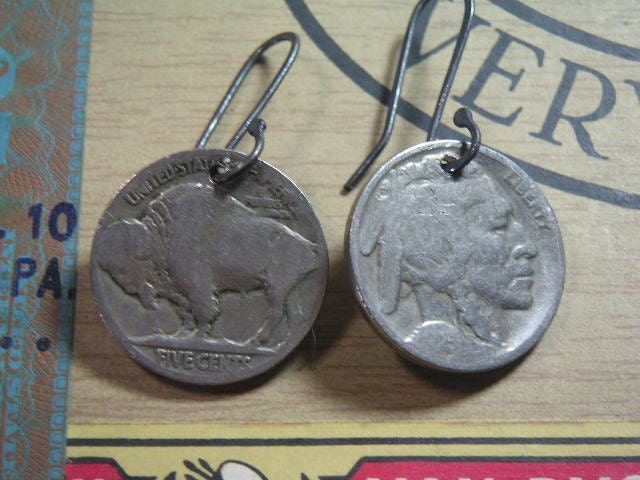 1920's Indian Head Buffalo Nickel Coin Earrings on Oxidized Sterling Silver Earwires Vintage Jewelry Authentic Coins