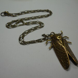 Puede incluir: Un collar dorado con un colgante de cigarra detallado. La cadena es de estilo de doble enlace.