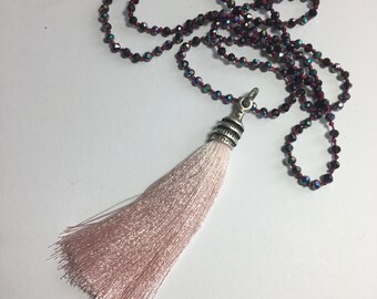 Silk Tassel Long Necklace Glass Beads with Knotted Silk Thread Boho Pastel Pink Long Tassel with Silver Bead Cap Dainty Faceted Glass Beads