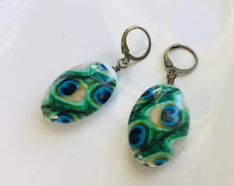 Peacock Bead Earrings with Brass Lever Back Hoops