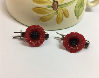 Red Poppy Silver Barettes Vintage Red and Black Unique Hair Accessory Hair Pin Flower Clips Poppies Vintage Flower Hair Pins Red Flower Hair