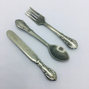 Cutlery Pins Foodie Jewelry Knife Fork Spoon EAT Lapel Brooch Dark Silver Rolling Clasp You Choose Single or Set Chef Gift Unique Pins Cafe