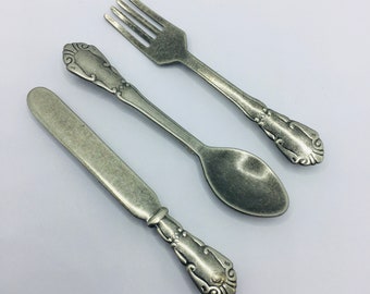 Cutlery Pin: Dark Silver Knife, Fork, Spoon Lapel Brooch - Foodie Gift