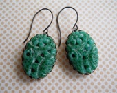 Vintage Carved Glass Jade Green Cabochon Unique Vintage Jewelry Dangle Earrings Asian Inspired Molded Carved  Glass Jade Green