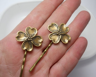 Brass Metal Dogwood Flower Charms Garden Foliage Hair Pins Clips Bobby Pins Gardeners Gift Nature Organic Pair Set