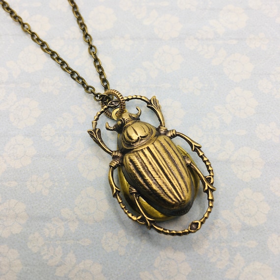Brass Beetle Locket Necklace: Secret Compartment Insect Jewelry