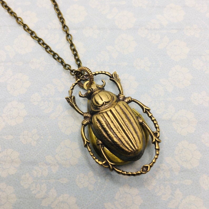 Brass Beetle Locket Necklace: Secret Compartment Insect Jewelry image 1