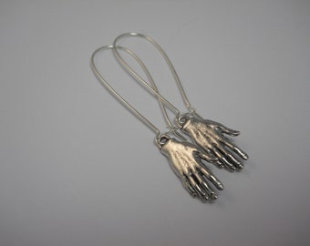 Hand Charm Earrings Silver Palmistry Palm Reader Fortune Teller Picasso Inspired Frida Kahlo Unique Jewelry Long Dangle Golden Brass