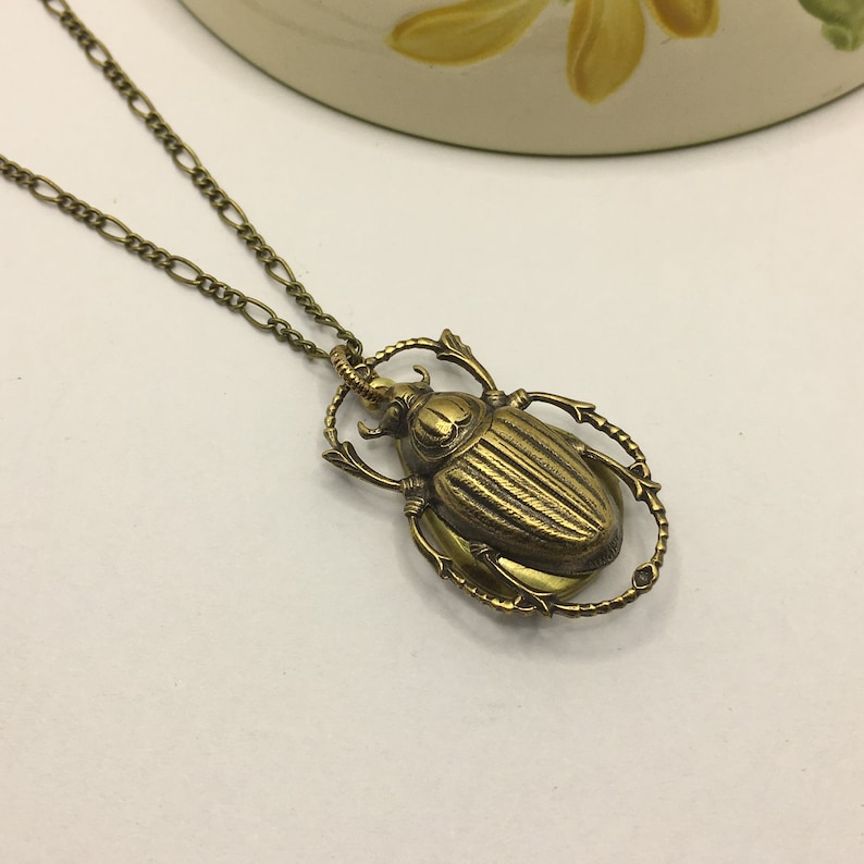 Brass Beetle Locket Necklace: Secret Compartment Insect Jewelry image 2