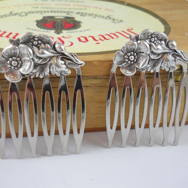 Silver Metal  Flower Charms Garden Foliage Hair Pins Combs Bobby Pins Gardeners Gift Nature Organic Silver Plated Solid Brass Floral Bouquet