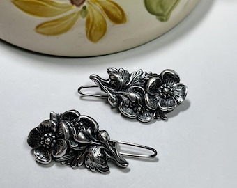 Vintage Sterling Silver Plated Flower 1980s Hair Pins  Unique Small Hair Barrettes.