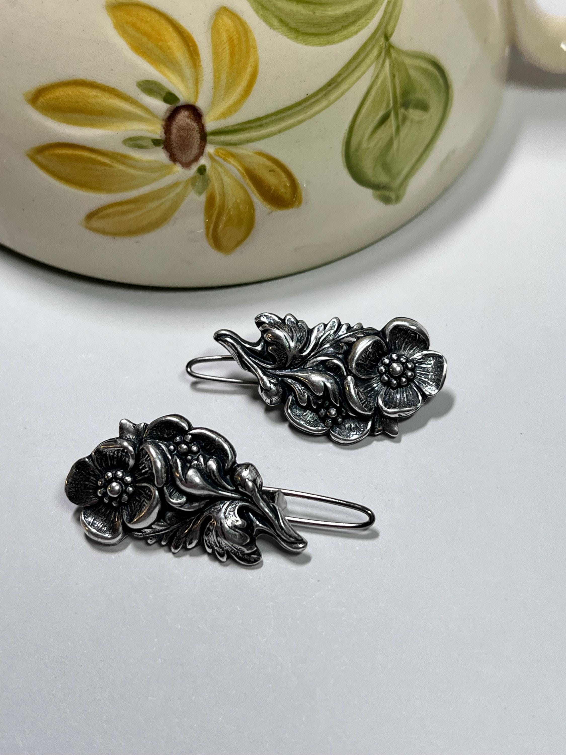 Vintage Hand Made Victorian Flower Sterling Silver Triple Hair Barrette Clip OLD WORLD VINTAGE French Barrette 80mm- Thick Hair Barrette  main image 2