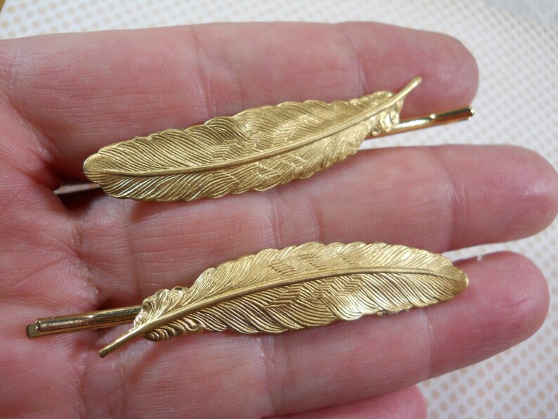 Feather Bobby Pins Gold Brass Hair Clips Nature Organic - Etsy