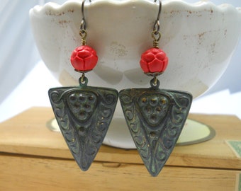 Large Metal Carved Cinnabar Earrings Unique Women's Jewelry Embossed Patina Red Beads Dangle Statement Handmade Artisan One of a Kind Bold