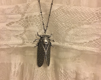 Sterling Plated Dark Silver Cicada Bug with Hidden Locket Entomology Insect Jewelry You Choose Chain Length Renewal Jewelry Unique Locket