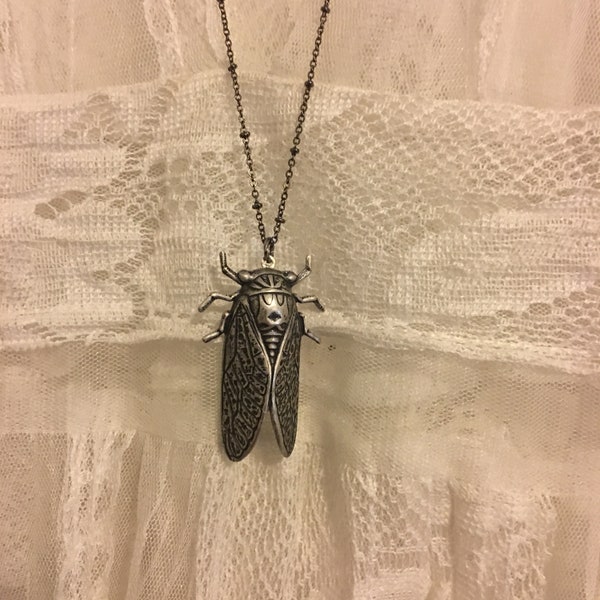 Sterling Plated Dark Silver Cicada Bug with Hidden Locket Entomology Insect Jewelry You Choose Chain Length Renewal Jewelry Unique Locket