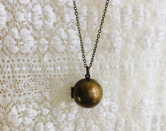 Vintage Brass Ball Locket Layering Locket Long You Choose Length Round Sphere Patina 1970's Vintage Jewelry Small Locket Keepsake Gift