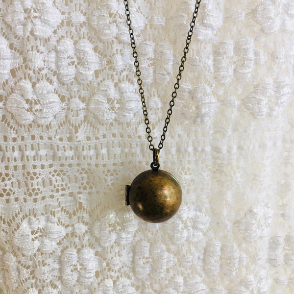 Vintage Brass Ball Locket Layering Locket Long You Choose Length Round Sphere Patina 1970's Vintage Jewelry Small Locket Keepsake Gift