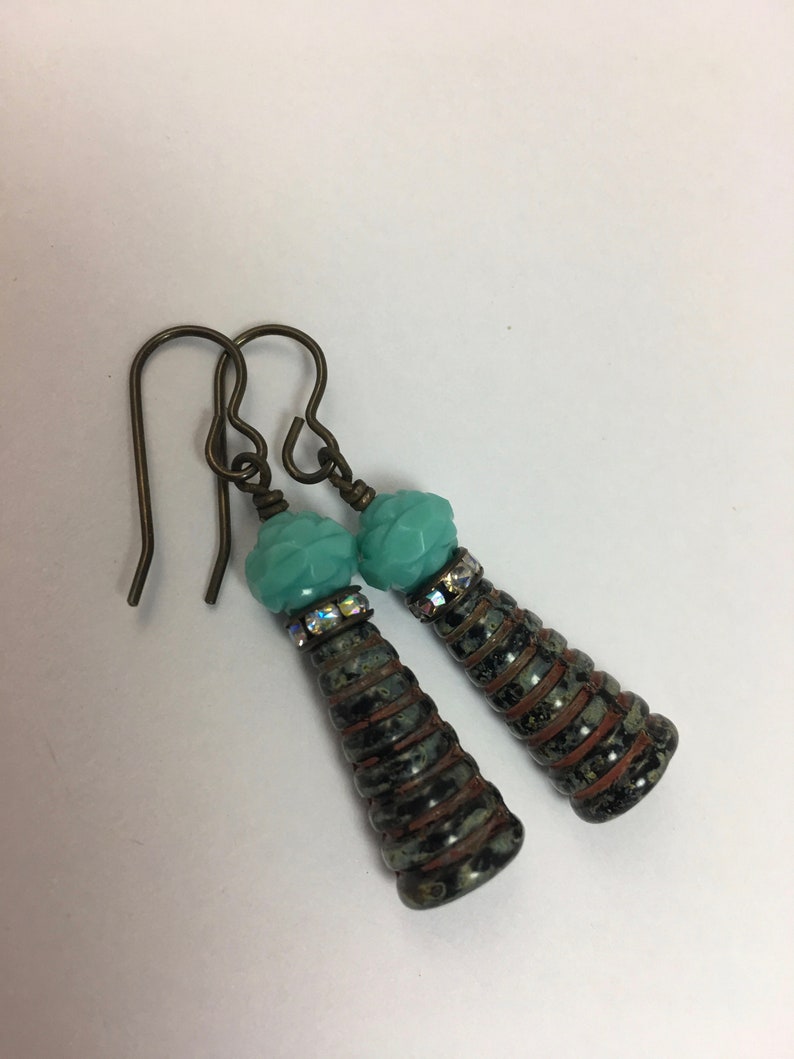 Czech Glass Bead Earrings Molded Glass Beads Rhinestone Spacer Dangle Drop Artisan Handmade Jewelry Boho