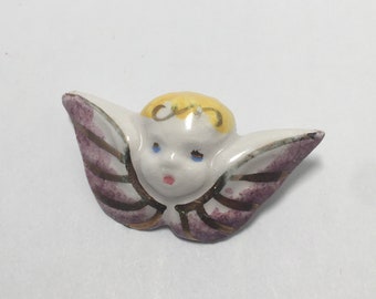 Small Vintage Ceramic Repurposed Angel Cherub Pin Hand Painted with Rolling Closure Clasp Guardian Angel Brooch