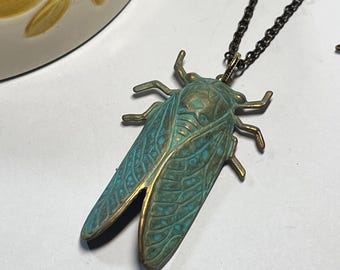Brass Cicada with a Verdigris Finish Locket Necklace: Entomology Insect Jewelry