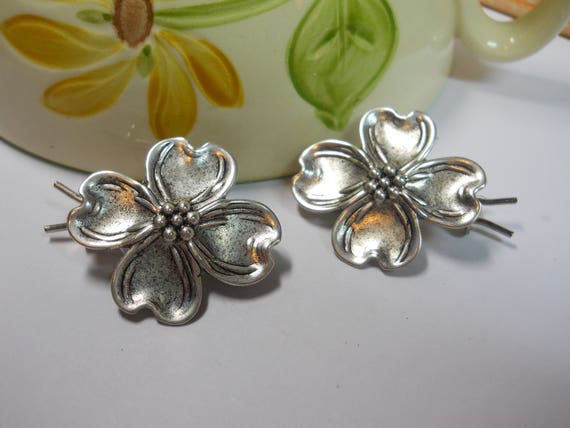 Dogwood Barrettes Small Silver Solid Metal Hair C… - image 4