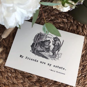 Tarjeta de felicitación de amistad vintage divertida, rana ilustrada, cita de Emily Dickinson, diseño minimalista