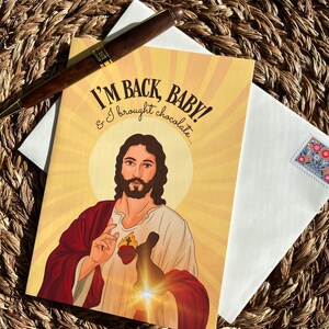 Cartão de Páscoa engraçado / Coelho de chocolate Jesus / Cartão religioso engraçado / Estou de volta, querida!