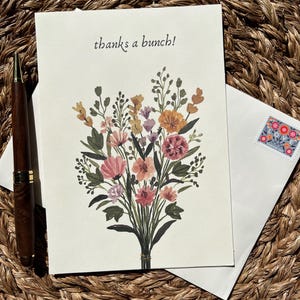Tarjeta de agradecimiento floral / Elegante ramo dibujado a mano para saludos de maestros, amigos o regalos de bodas