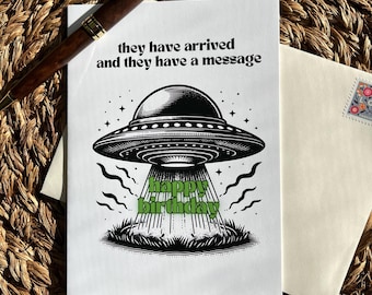 Tarjeta de cumpleaños divertida de extraterrestres, tarjeta de felicitación de ovnis