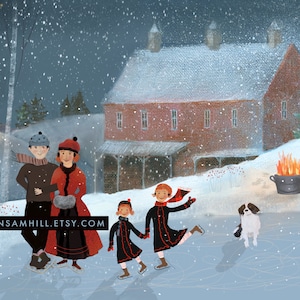 Skaters on the Pond 14x11 Skating Folk Art Print