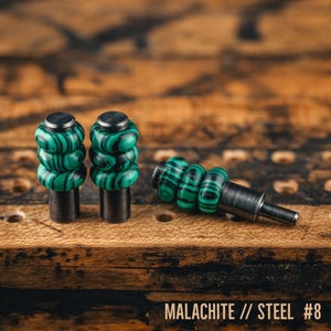Metal Cribbage Pegs | Malachite Gemstone | Handmade Machined | Steel