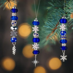 Beaded Christmas Ornaments   |  Set of 3  |  Blue & Silver  |  Hand Strung  |  Beautiful Beads and Charm