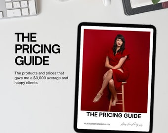 May include: A digital tablet displaying a red background with a woman sitting on a stool. The text "THE PRICING GUIDE" is displayed on the tablet screen. The text "KelseyComerPhotography.com" and "Killing Comer Photography" are also displayed on the screen.