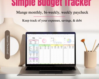 May include: A laptop computer displaying a Google Sheets spreadsheet with a budget tracker template. The spreadsheet is titled "July" and includes sections for income, expenses, savings, and debt. The spreadsheet is designed to help users manage their finances on a monthly, bi-weekly, or weekly basis. The image also includes the text "Simple Budget Tracker" and "Instant Download".
