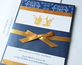 Little Prince Royal blue and gold Baby Shower Invitation, king crown baby shower invite, Unique boy baby shower, Birthday party, bar mitzvah