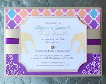 Elephant Baby Shower Invitation, Purple Moroccan, Gold Royal Bollywood Indian invitations, Birthday party invite, bat mitzvah, sweet 16