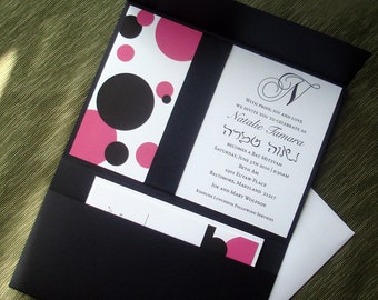 Black Pocket Bat mitzvah Invitation, hot pink  invitation, Modern bat mitzvah invitations, pockfold wedding invitation, sweet 16 invitation