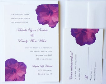 Purple Bohemian Wedding Invitation, Tropical Hibiscus Flower, simple invites, elegant, luau, floral wedding invitations, boho island wedding