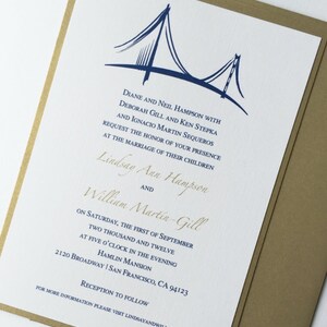 San Francisco, Golden Gate Bridge Wedding Invitation, Cityscape Wedding Invitations, Elegant, urban Invitations, Gold, Royal Blue -Sample