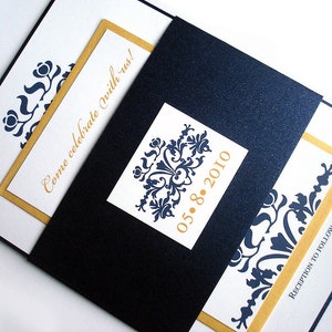 Navy Blue Gold Wedding Invitation - Belly Band Metallic Wedding Invitations - Modern Elegant Royal, Regal, Romantic Wedding Invites - Sample