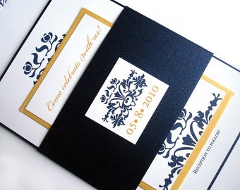 Navy Blue Gold Wedding Invitation - Belly Band Metallic Wedding Invitations - Modern Elegant Royal, Regal, Romantic Wedding Invites - Sample