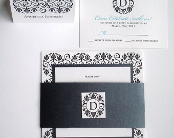 Black Tie Wedding Invitation set, elegant wedding invitations, luxury invitation, Turquoise invite, unique bat mitzvah invite, formal invite