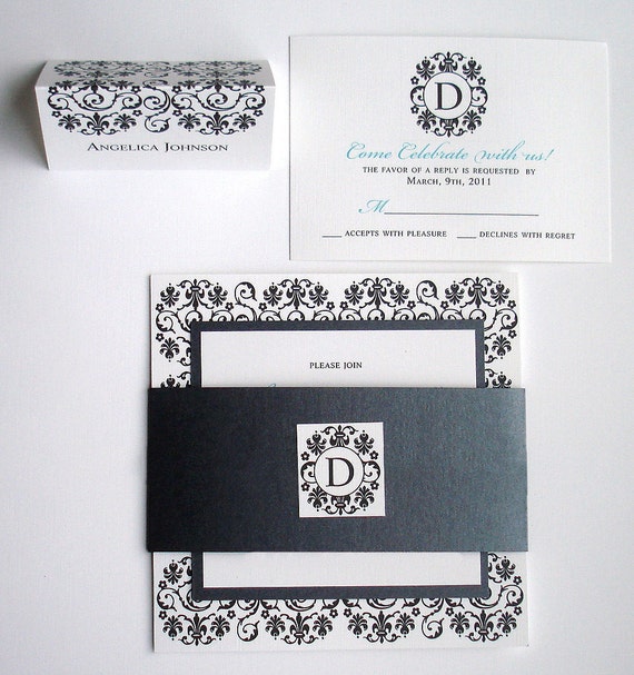 Black Tie Wedding Invitation set, elegant wedding invitations, luxury invitation, Turquoise invite, unique bat mitzvah invite, formal invite