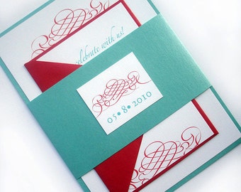 Rote Hochzeitseinladungen, Türkis Hochzeitseinladungen, Elegante Hochzeitseinladung, Schriftrolle Einladung, Aqua Einladung, Türkis Einladung